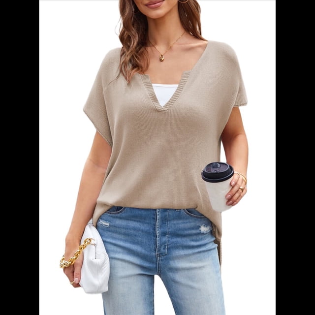 Camisetas de Corta con Cuello en V y Muescas para Mujer, Blusas de Verano Básicas y Holgadas, Camisetas de Corta 2025 Caqui L