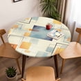 thumbnail image 5 of Abstract Geometric Vintage Elastic Fitted Round Table Cover Blue Orange Squared Lines Waterproof Outdoor Tablecloth for Holiday Party, Picnic, Patio & Dining Fits Tables Up to 36"-44", 5 of 8