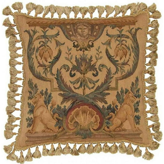 Aubusson Throw Pillow Handwoven 22"x22", Lions Classical Head Red