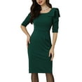 thumbnail image 1 of Vestido de tubo Allegra K informal de negocios Cuello cuadrado manga 3/4 con lazo y volantes Verde oscuro XL, 1 of 4
