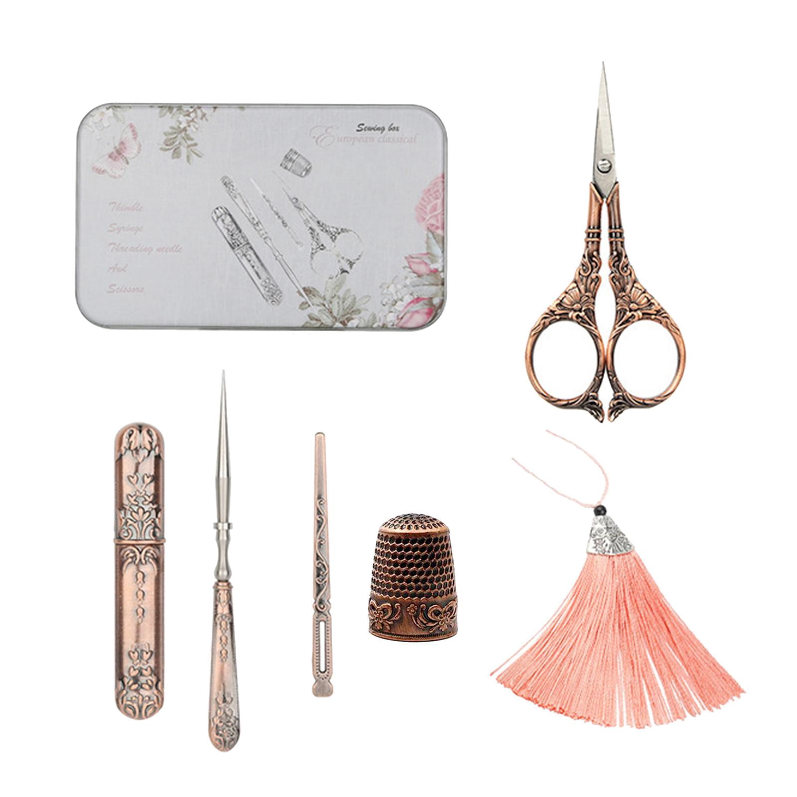 HOMYL 5Pcs/set Exquisite Vintage Scissors Set Scissors+Needle Storage Tube+Awl+Needle Lily