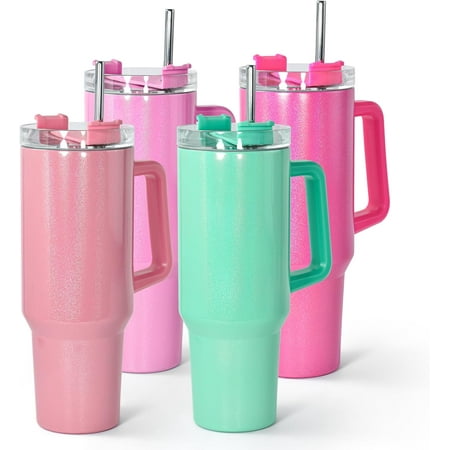 

4 Pack 40 oz Sublimation Shimmer Green Pink Red Purple Tumbler with Stainless Steel Straw and Lid Insulated Double Wall Vacuum Reusable Cups with Handle