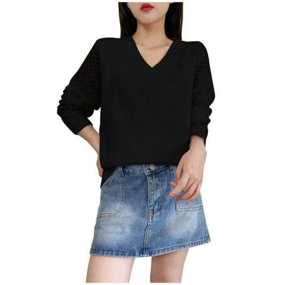 Sweater for Women Hollow Out Long Sleeve Patchwork Ribbed Knitted Solid V Neck 2025 Fall Outfits