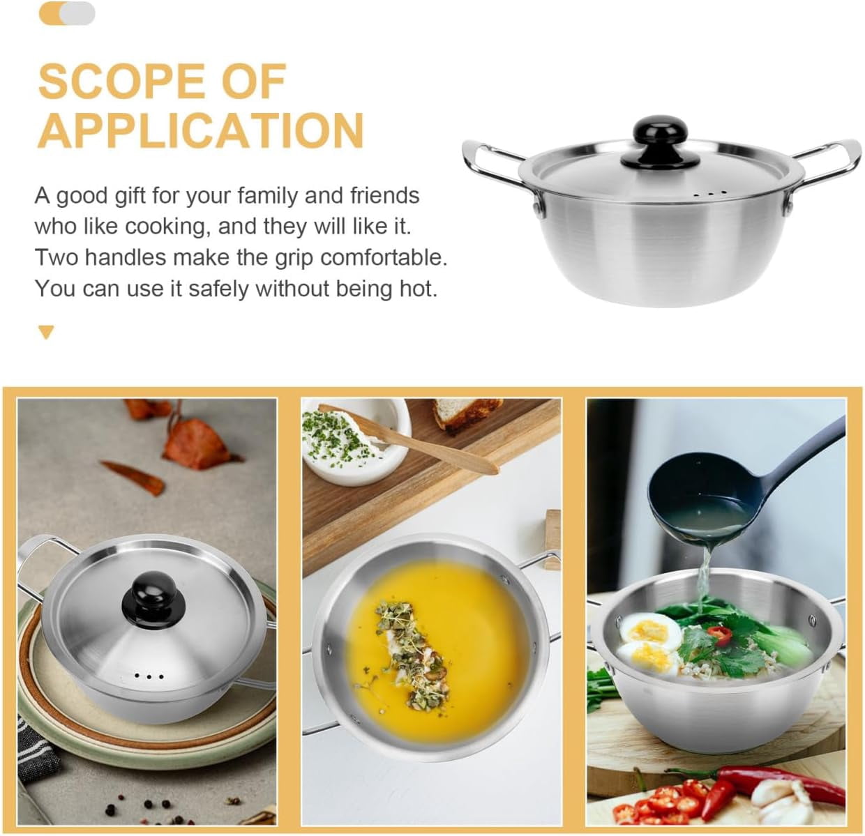 ABPETE Noodle Pot with Lid, Stainless Steel Ramen Cooker for Fast Heating, Double Handle Korean Instant Noodle Pot for Kitchen Use, Lightweight and Portable