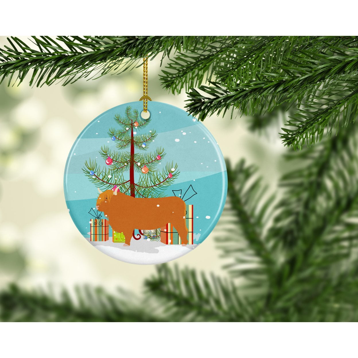 Highland Cow Christmas Ceramic Ornament
