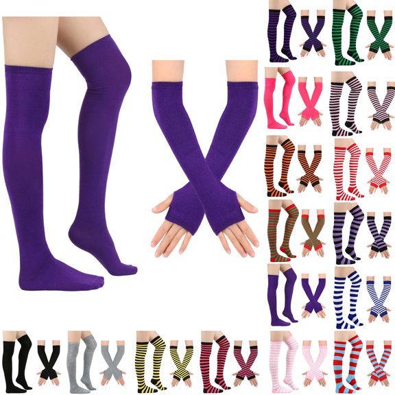 WJOSBXT 2026 Women's Striped Over Knee Thigh High Socks With Arm Warmer Fingerless Gloves Set for Halloween Christmas