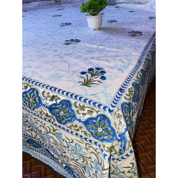 New Era Creation Cotton Bue, Sage Green Hand Block Print Table Cover Rectangle Bohemian Garden Event Party Table Cover Gifts