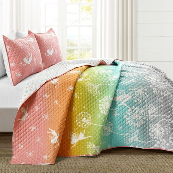 Lush Decor Dandelion Fairy Ombre by Décor Fantasy Reversible Quilt, Twin, Pastel Rainbow, 2-Pc Set