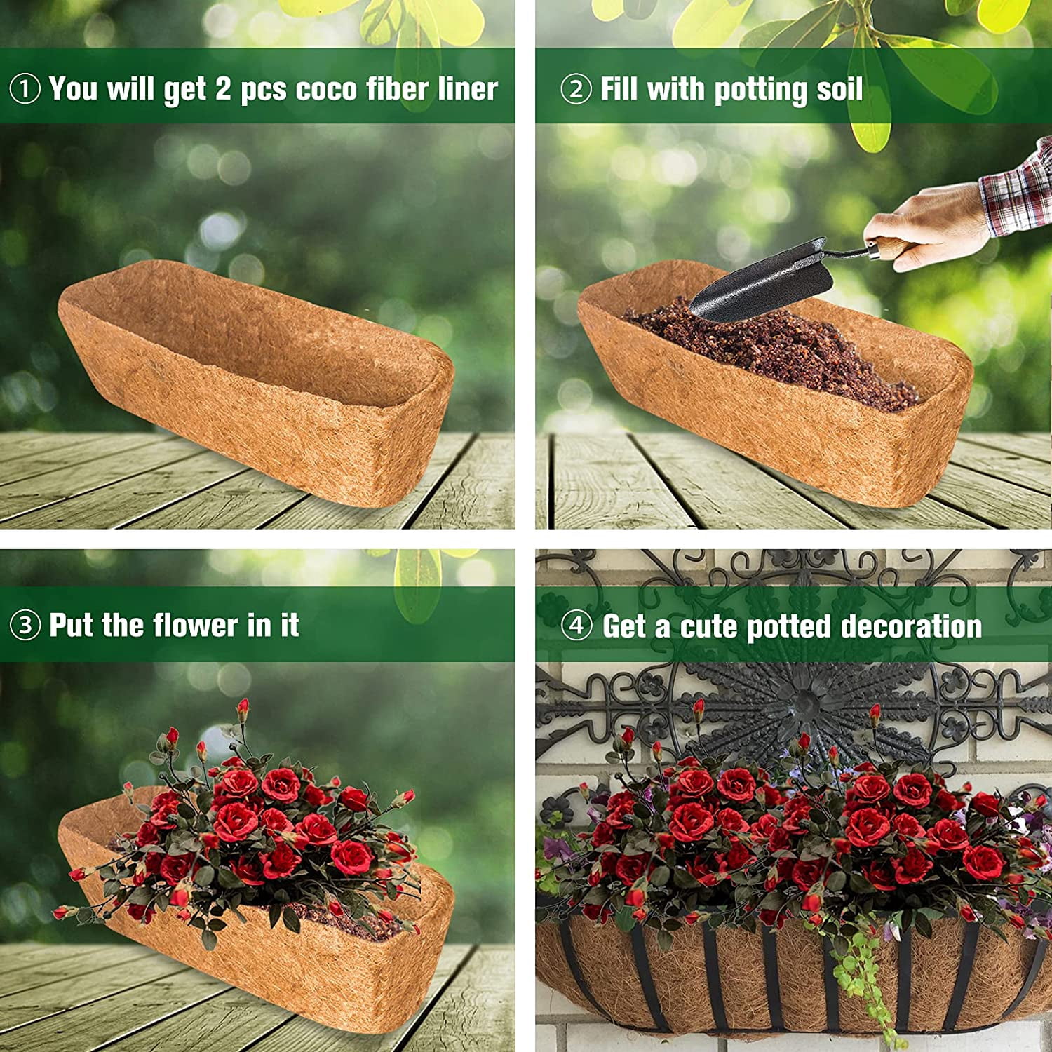 Zhuge 2 Pcs 24" Trough Coco Fiber Replacement Liner, Pre-Formed Window Basket Coco Liner, Natural Coconut Coir Planter for Wall Hanging Basket, Window Box, Flower Pot, Fence, Railing