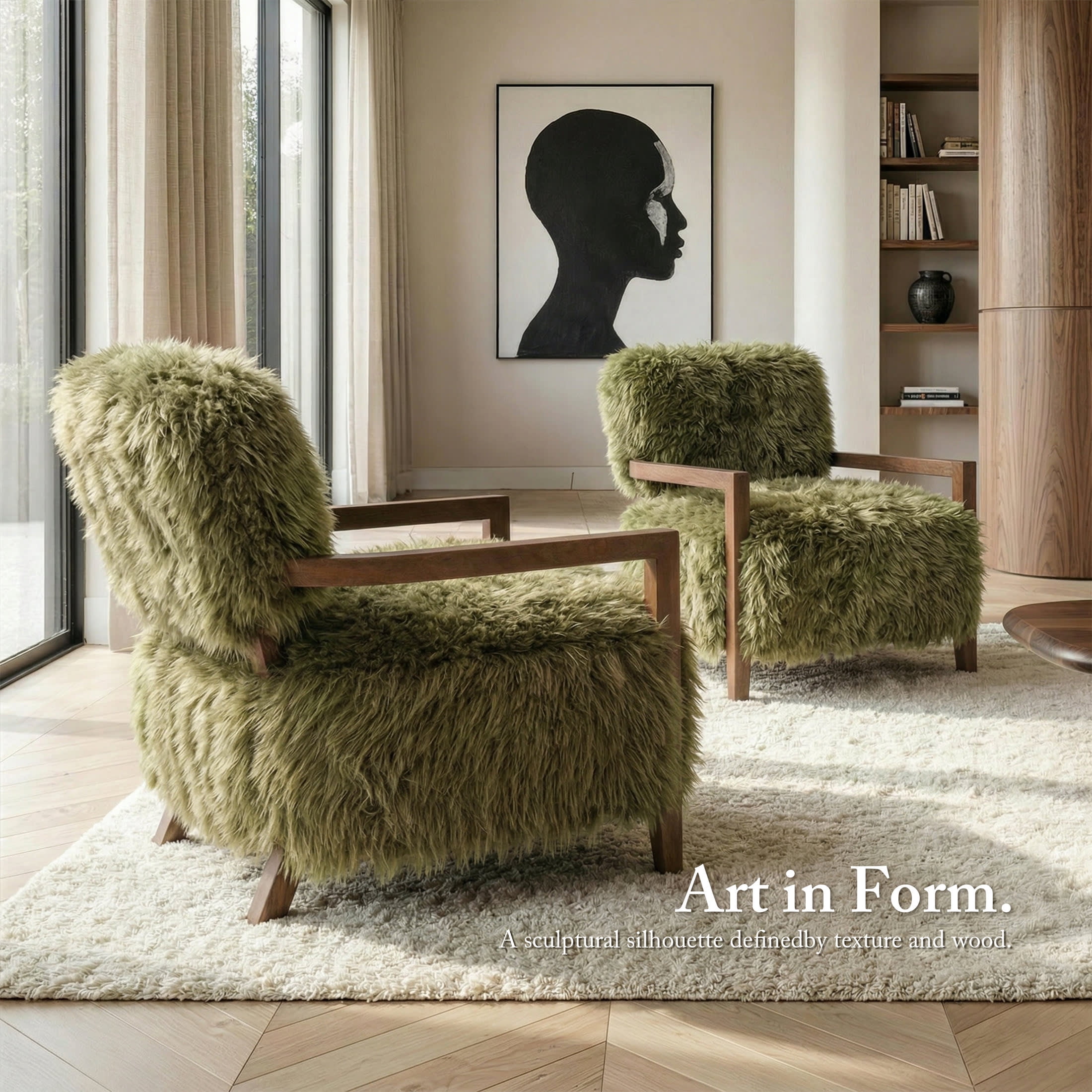 Aenkyo Yeti Contemporary Faux Fur Accent Chair with Walnut Wood Arms, Green