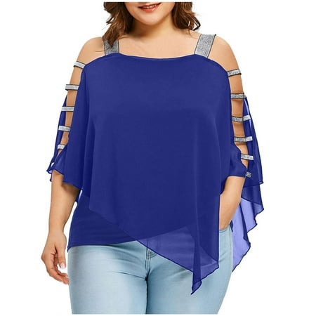 

Mortilo Plus Size New Years Eve Outfit Women Sexy Fashion Plus Size Ladder Cut Overlay Asymmetric Blouse Strapless Tops