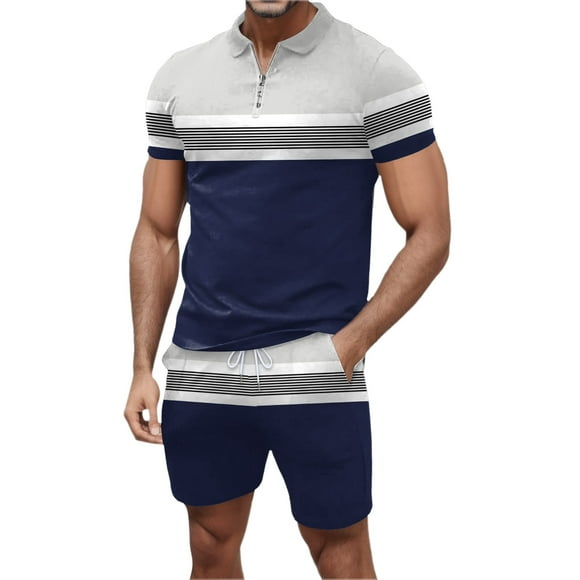 Cathalem Men's Summer Beach Outfits 2 Piece Button Down Shirt Short Sleeve and Casual Beach Drawstring Waist Shorts Summer Outfits,Blue M
