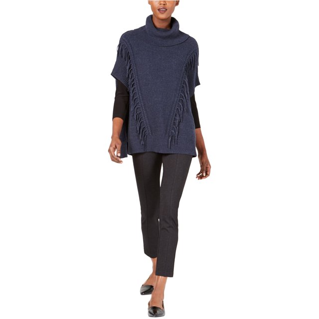 Suéter tipo poncho con flecos Anne Klein para mujer, azul, L/XL
