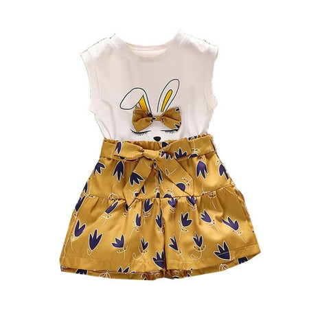 

Infant Baby Girl Summer Clothes Outfit Solid Color Sleeveless Rabbit Printed Top Short Pants Short Set 2Pcs Child Leisure Outwear