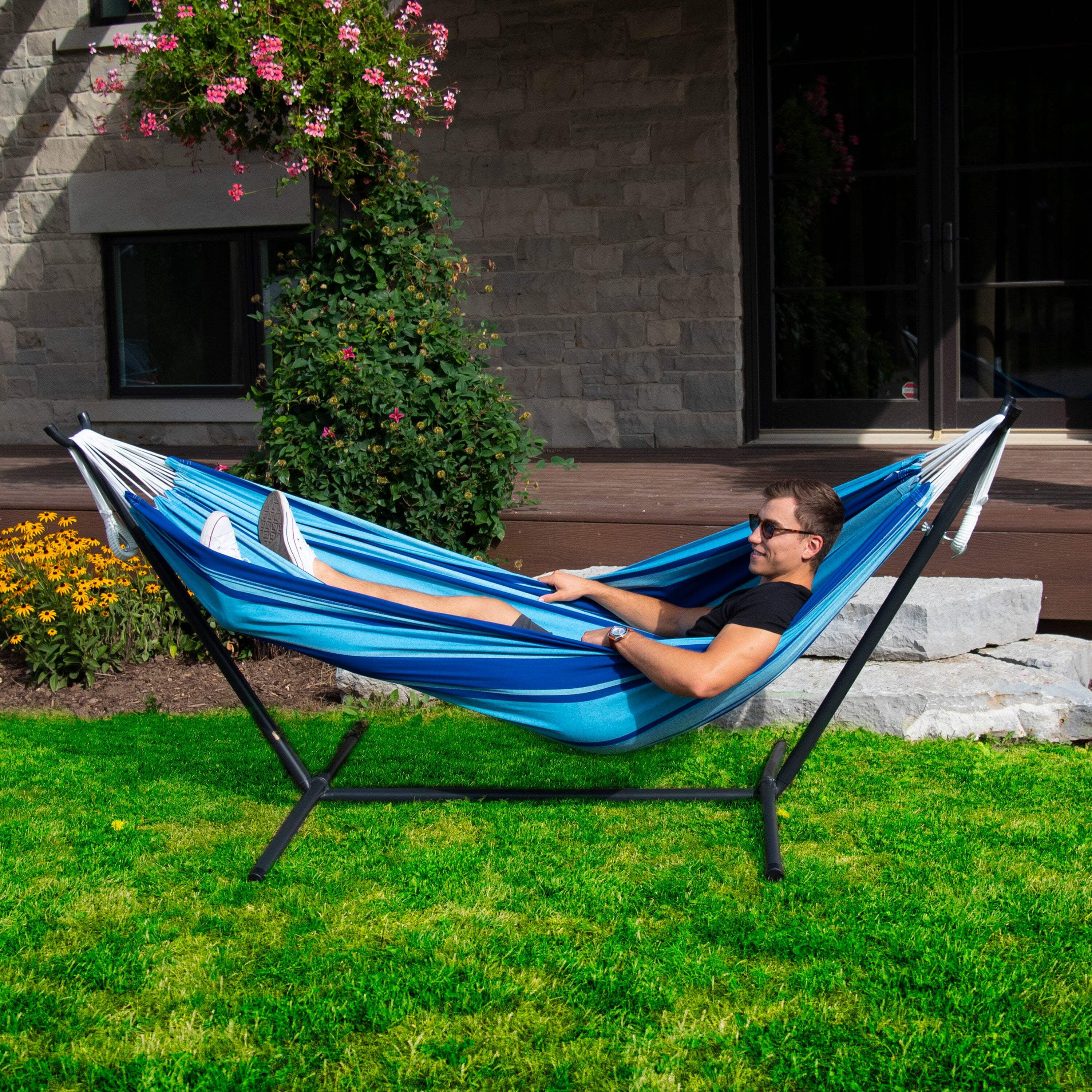 Vivere Double Cotton Hammock, Comfortable Daybed with Steel Stand, 9 Foot, Island Breeze