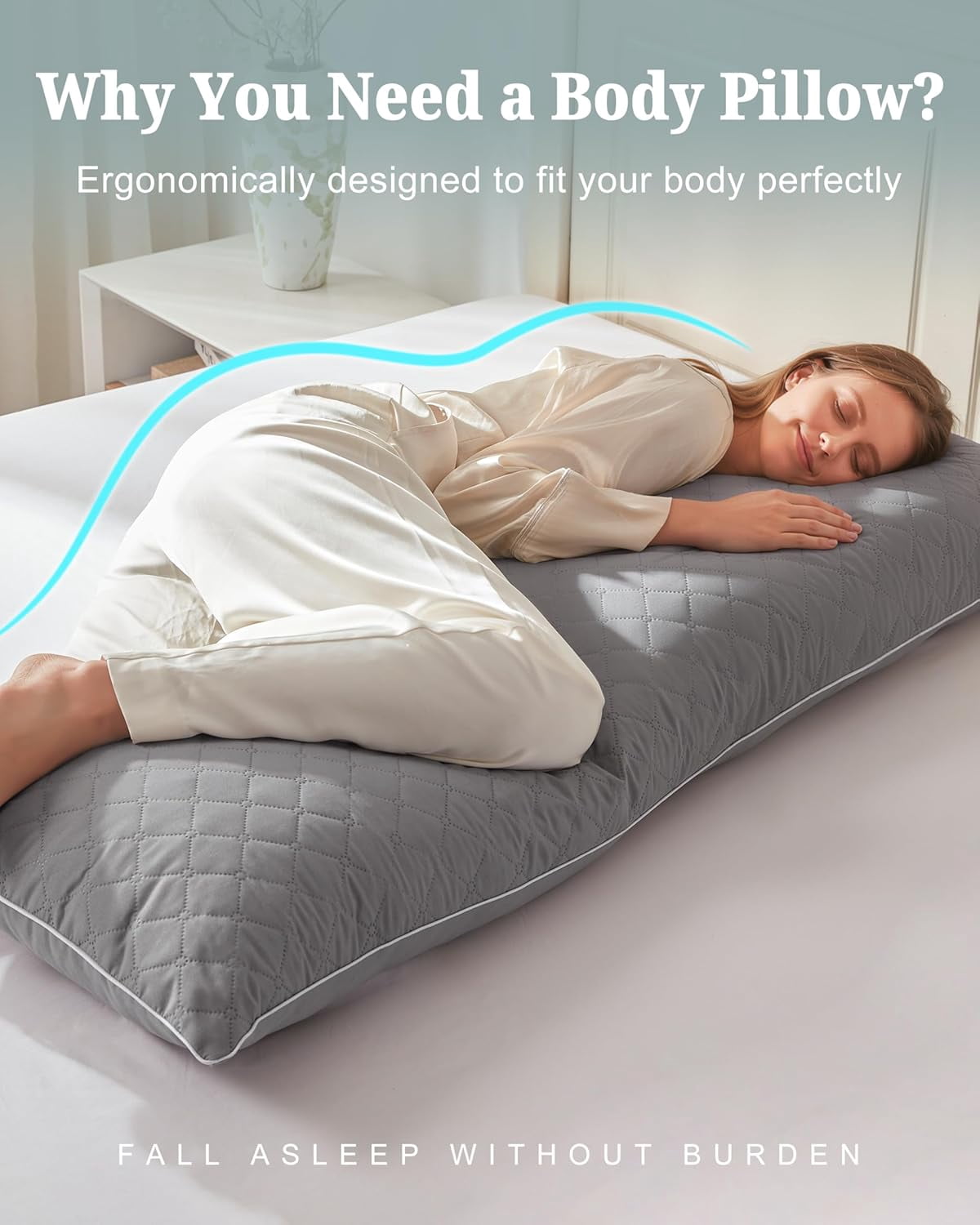 Parojati 20×54 inch Long Washable Body Pillow Insert for Adults with Shredded White Memory Foam, Soft & Firm enough for Side Sleepers, Pregnant Women, Grey
