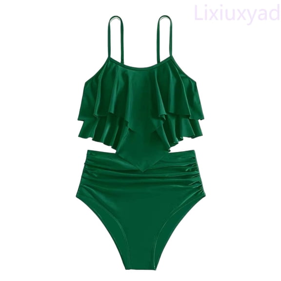 Lixiuxyad Girls Two Piece Swimwear Solid Color Fashion Bikini With Ruffled Back And Tankini Top For Teens And Youth,One-Piece Swimsuit Sizes 12-13 Years Green