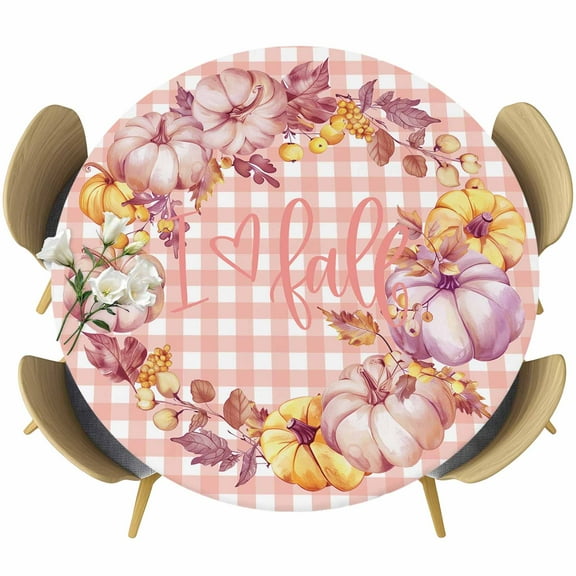 Pink Checkered Fall Round Tablecloth 45-54 Inch Round Fitted Table Cloth with Elastic Edge, Thanksgiving Pumpkins Wreath Waterproof Table Cover Protector for Outdoor Picnic Party Dining