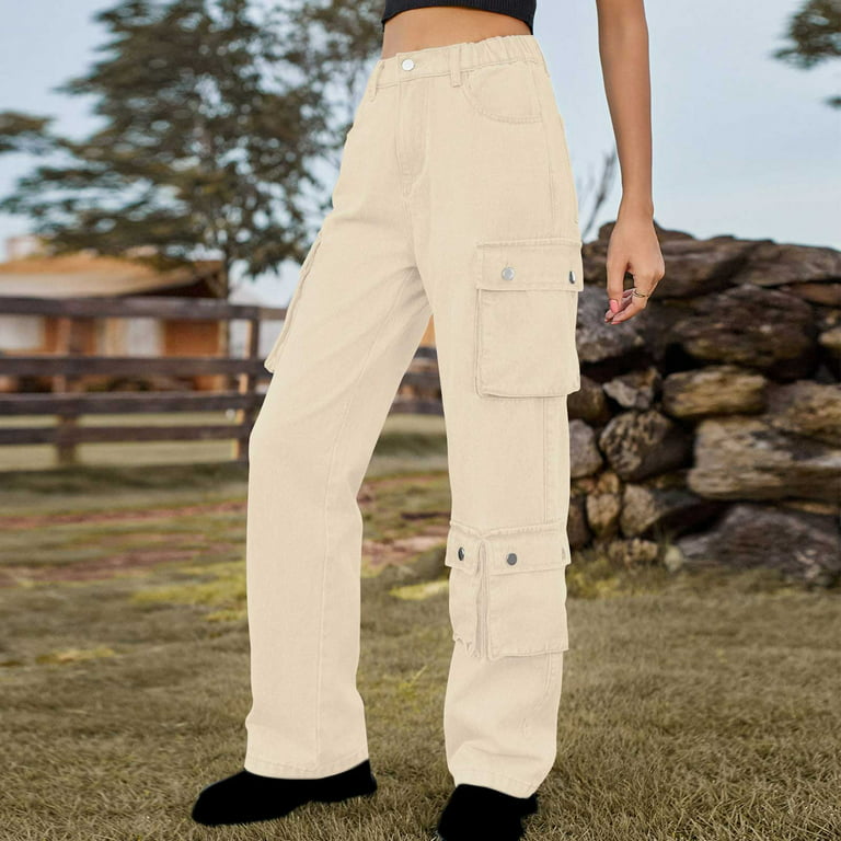 Cargo pants for women with pockets clearance Fashion Women's Spring/Summer  Pocket Button Mid Waist Tight Pants Work pants Khaki M
