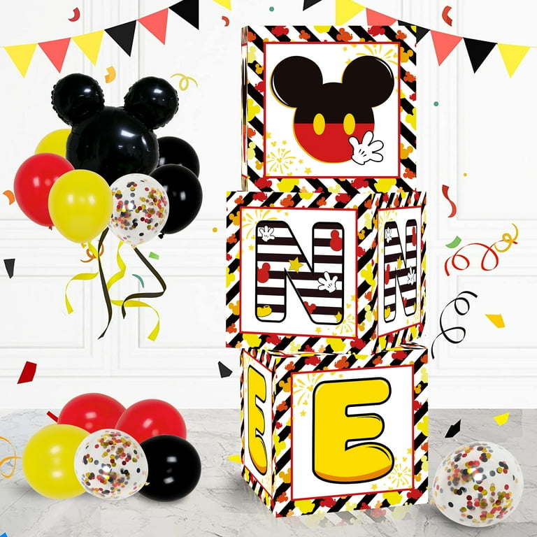 Melofaver 1st First Birthday Party Favors Balloon Boxes Supplies for Baby,  Boys 3Pcs Black Yellow Mouse Theme One Year Old Balloon Boxes, 'ONE'  Letters Balloon Arch Kit for Party Decorations 