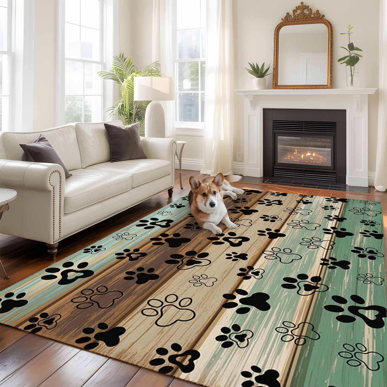 Area Rug for Living Room, Teal Brown Non-Slip Indoor Large Carpet for Bedroom/Dining Room, Pet Paw Printed Farmhouse Dog Claws Wood Grain Washable Low-Profile Rectangle Floor Runner Rugs - 5 x 8 Ft