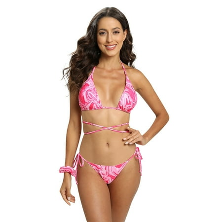 WBQ Women s Halter String Brazilian Bikini Set with Scrunchy  Triangle Sexy Thong Two Piece Swimsuit Bathing Suit  Tie Up Padded Swimwear Top Tie Side Bottom Bathing Suits  XS-L
