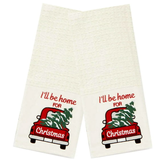 Winter Wonder Lane Kitchen Towels, 2-Pack for Dish Drying, Christmas Red Truck Design 26 x 16 inches