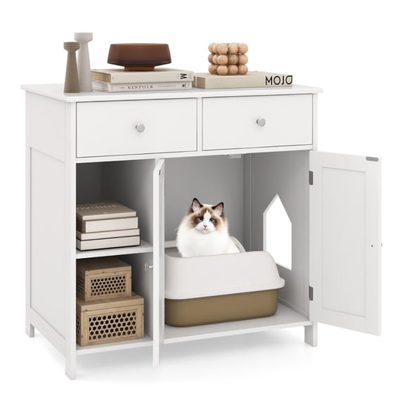 Spaco Hidden Cat Washroom Side Cabinet Wooden Pet House with 2 Drawers, Cat House, White