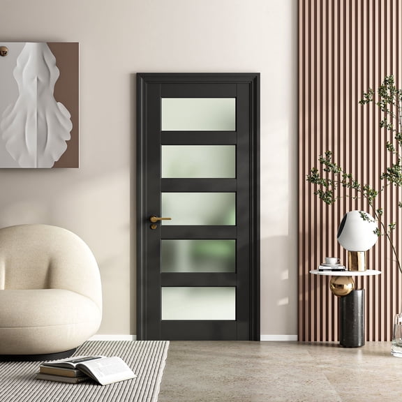 24" X 80"5-Panel Frosted Glass Interior Door Slab, Slab Door for Pantry Pocket Laundry Bathroom French, Solid Core Pre-Assembled Panel w/o Frame Hardware, Black