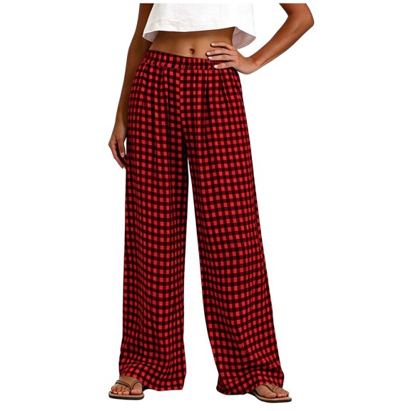 Cagogo Women's Wide Leg Elastic Waist Trousers with Pockets Plaid Casual Lounge Long Pants Loungewear Work Office Party Trousers, Wine 2XL