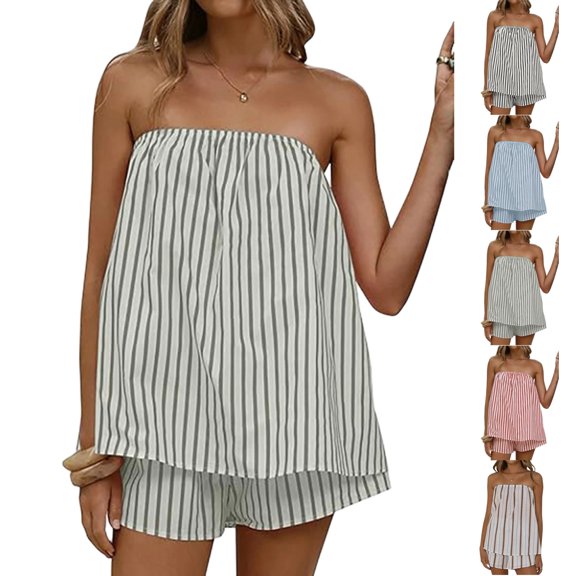 UDAUDU Womens 2 Piece Matching Sets Striped Tube Top Shorts Sets Summer Fashion Vacation Outfits Y2K Comfy Going Out Top Gray S