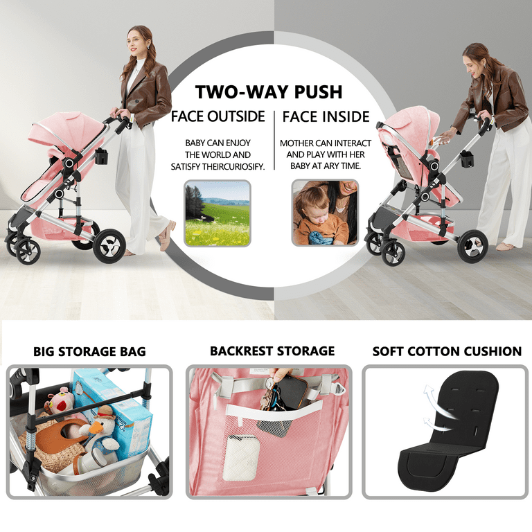 Aileekiss 2 in 1 Convertible Baby Stroller Unisex Folding Infant Newborn Bassinet Pram Pink