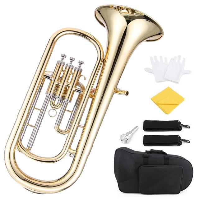 Barítono Irfora Latón B Cuerno de barítono plano Bb Estilo pistón Superficie de laca dorada Instrumento de viento con boquilla Guantes Paño de limpieza para principiantes Banda de latón Irfora Barítono