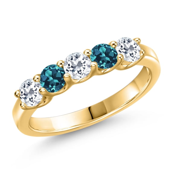 Gem Stone King 18K Yellow Gold Plated Silver White Topaz and London Blue Topaz Wedding-Bands Ring for Women | 1.09 Cttw | Round 3.5MM | Gemstone November Birthstone | Size 7