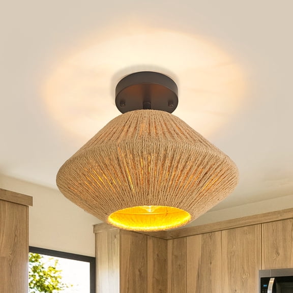 GCGAFUL Boho Hemp Rope Woven Flush Mount Ceiling Light, 12-Inch Small Diamond-Shaped Farmhouse Lamp for Hallway, Living Room, Kitchen, Bedroom
