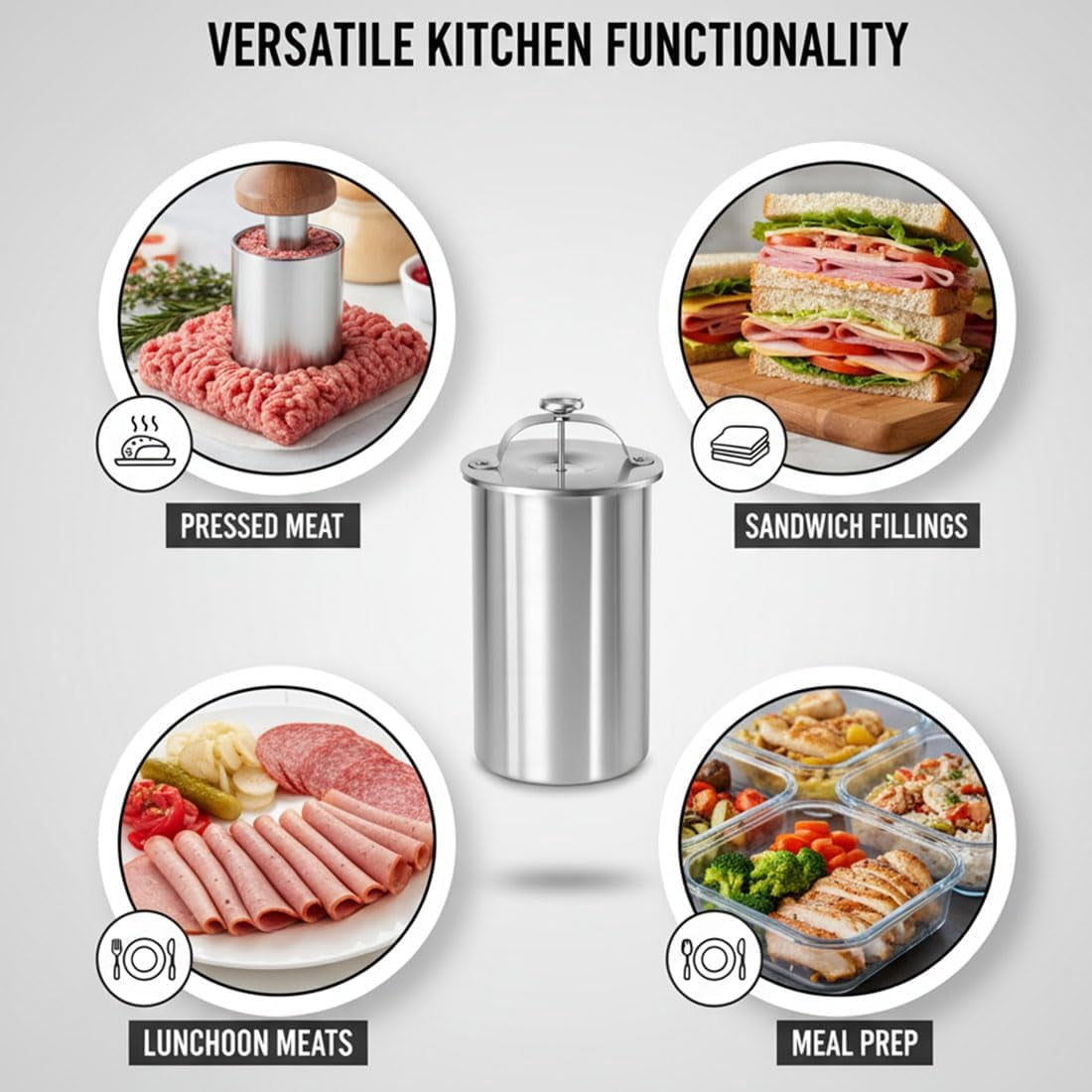 2026 Upgrade Stainless Steel Deli Meat Press with Thermometer, Spring Mechanism & Handle, Food-Grade Ham Press Mold for Deli Meats, Homemade Lunch Meat Maker Tool for Healthy Sandwiches (Ordinary)