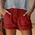 thumbnail image 2 of FINALGANG Women Versatile Shorts Solid Color Tassels Denim Bottom Elastic Waistband Drawstring Shorts With Pockets Suitable For Various Occasions, 2 of 5