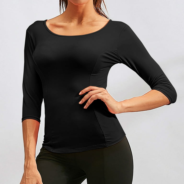 Women Cutout Workout Tops 3/4 Sleeves Scoop Neck Cross Back Yoga Shirts  Slim Fit Gym Running Athletic Shirts Womens Clothes 