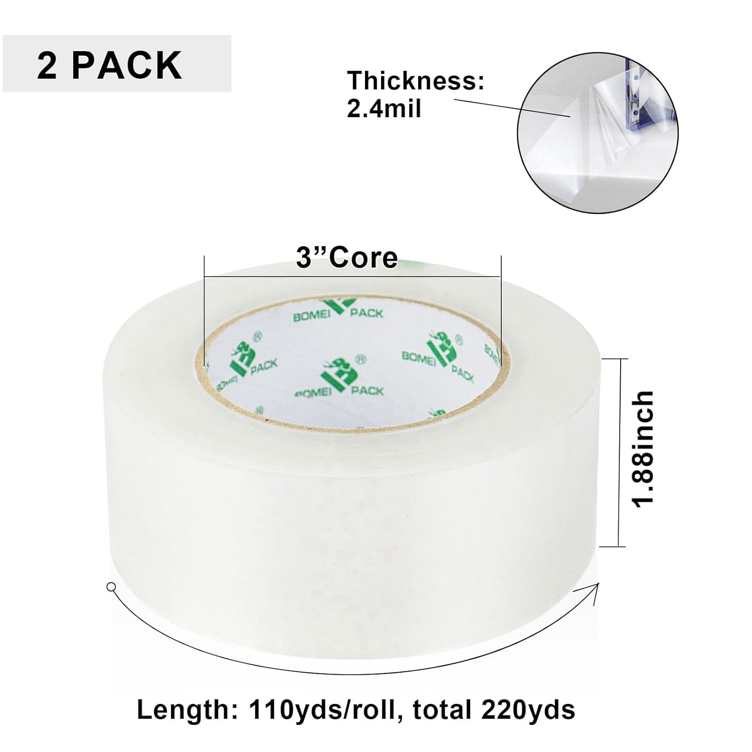 2 rolls of transparent noiseless heavy-duty packing tape, with blue dispenser, packing tape 1.88 inches 110 yards, 2.4 industrial-grade mailing tape, suitable for moving packaging mailing, office and