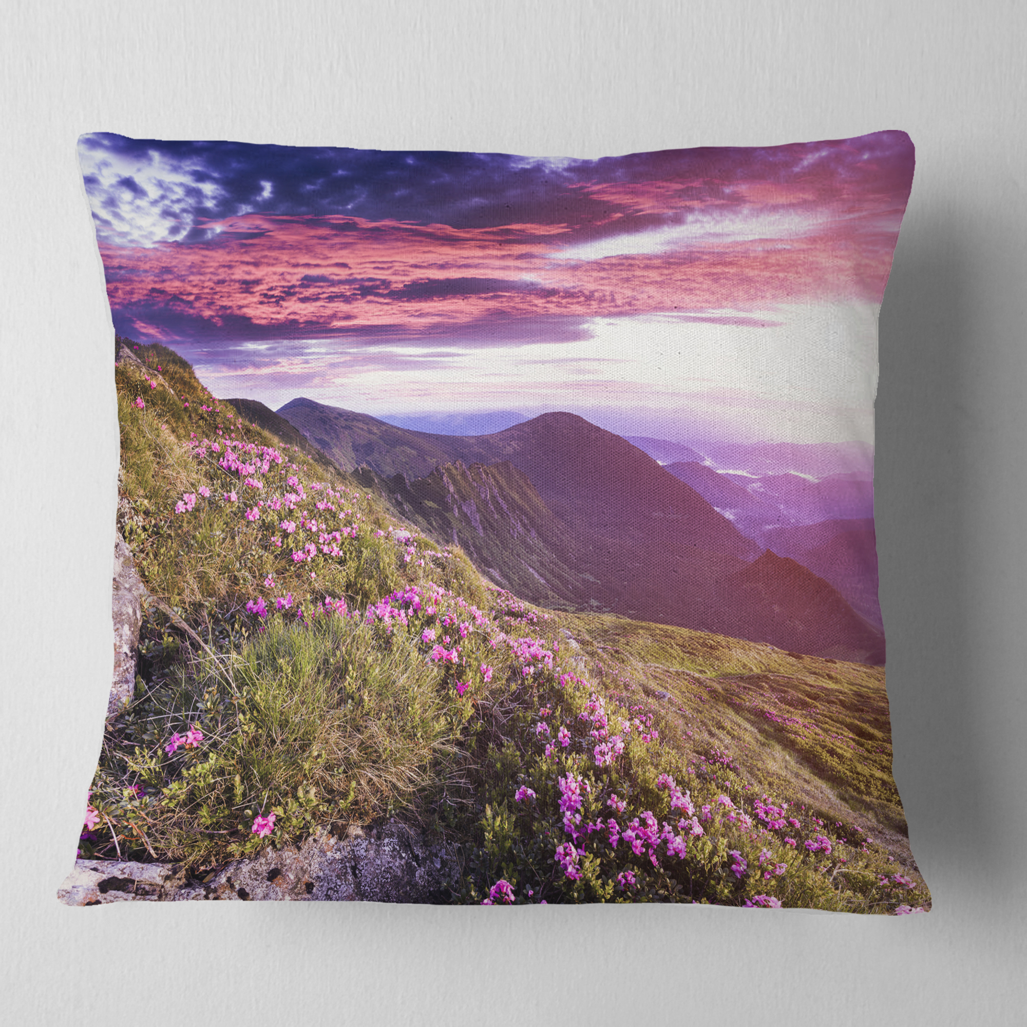 Designart Rhododendron Flowers in Hills - Landscape Photo Throw Pillow - 18x18