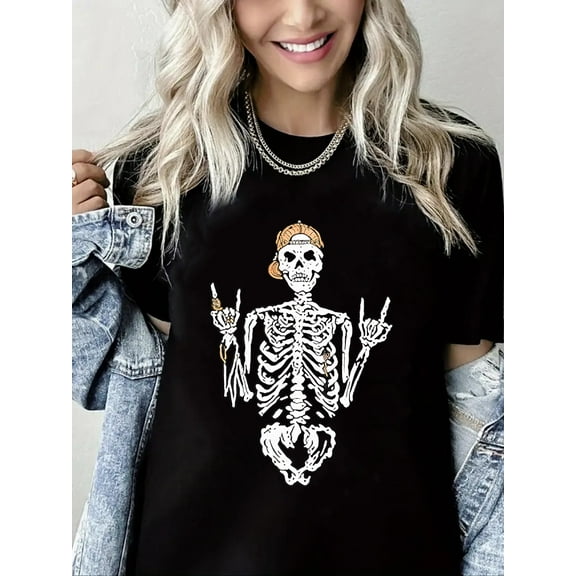 Skeleton Print Halloween Short Sleeve Shirt for Women