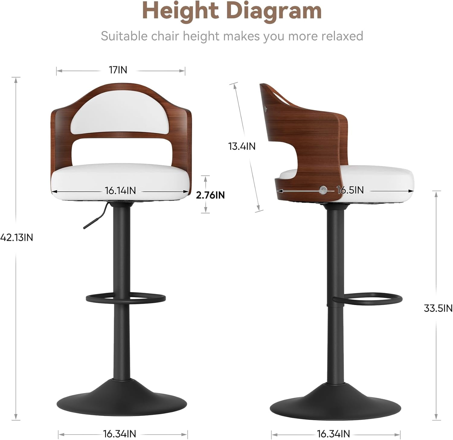Hawsaiy Wooden Bar Stools Set of 4, Adjustable Height 24.5-33.5IN, Wooden Bar Chairs with PU Leather Upholstery, Back & Footrest for Kitchen, Dining, and Home Bar