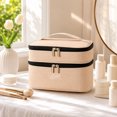 thumbnail image 3 of Double Layer Travel Makeup Bag, Oxford Fabric Cosmetic Organizer with Handle, Portable Large Capacity Toiletry Bag for Women, 3 of 5