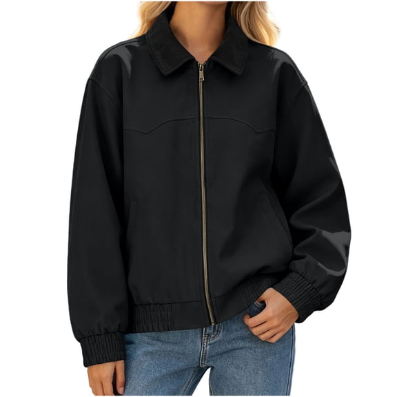 CHGBMOK Women's Plus Size Collared Bomber Jacket Casual Zip Up Long Sleeve Windbreaker Coat Elastic Cuffs Hem Outerwear with Pockets