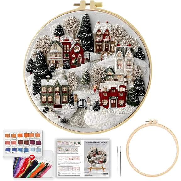 Christmas Village Embroidery Kit for Beginners, Festive Winter Pre-Printed Pattern & Supplies Set for Adults, DIY Handmade Needlepoint Kits Wall Art, 8'' Hoop