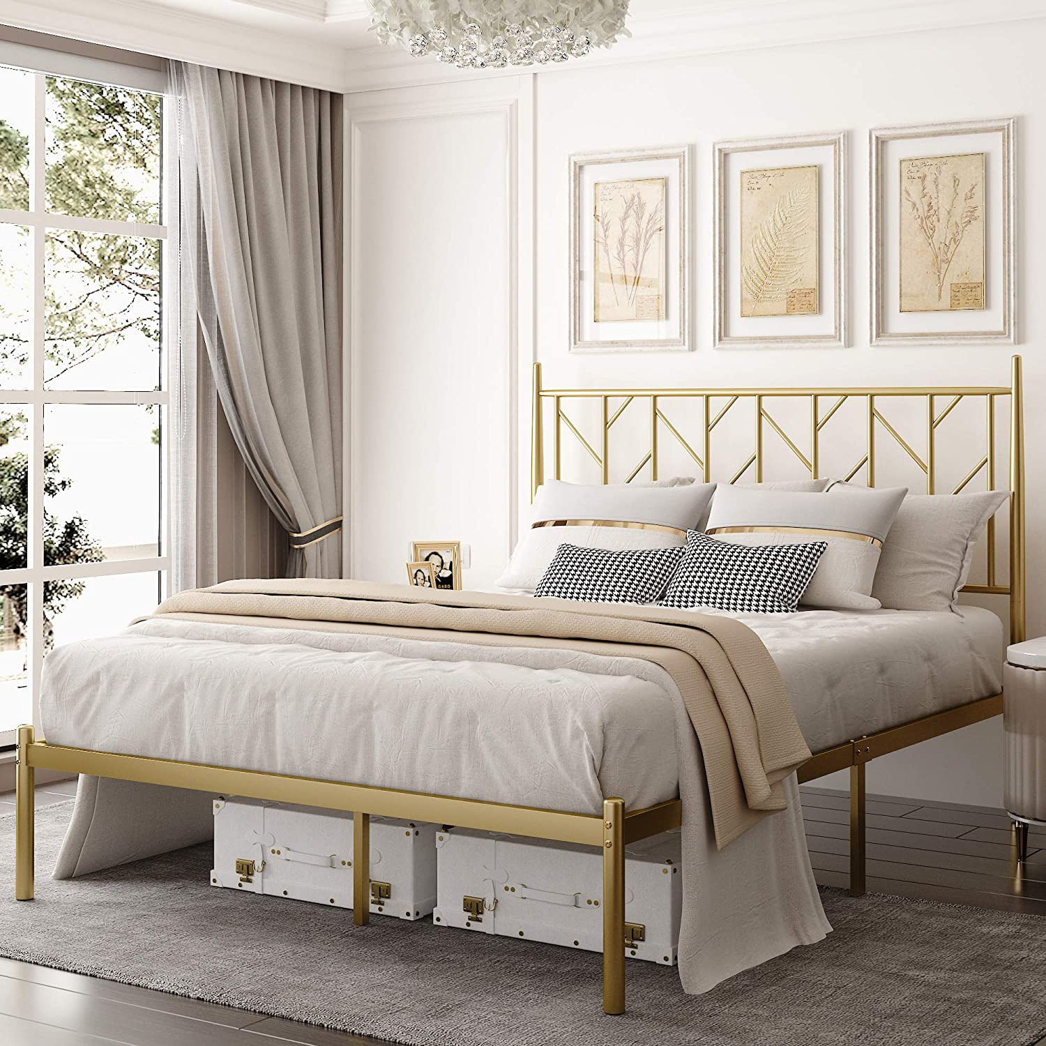 Amolife Queen Size Modern Metal Platform Bed Frame, Vintage Style, Gold