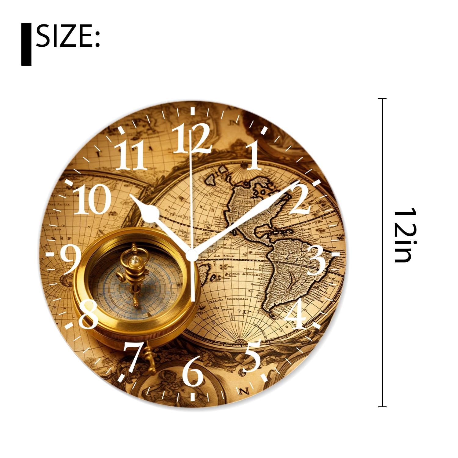 12 Inch Wall Clock Battery Operated Silent Clock Decorative for Office, Kitchen, Outdoor, Living Room，Accurate Map Lovely Design