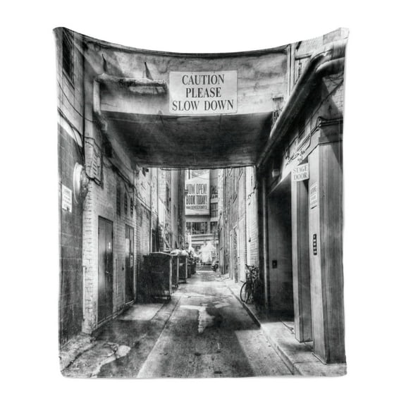 City Soft Flannel Fleece Blanket, Caution Please Slow down Sign on Passage Town Old Fashion Urban District Scenery, Cozy Plush for Indoor and Outdoor Use, 70" x 90", Black and White, by Ambesonne