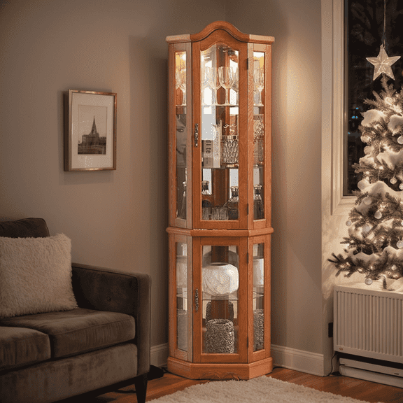 Curio Cabinet 70" Lighted Glass Corner Cabinet, Corner Display Cabinet with Adjustable Glass Shelves Vintage, Curio Display Cabinet Light Bulb Included, China Cabinet with 6 Shelve