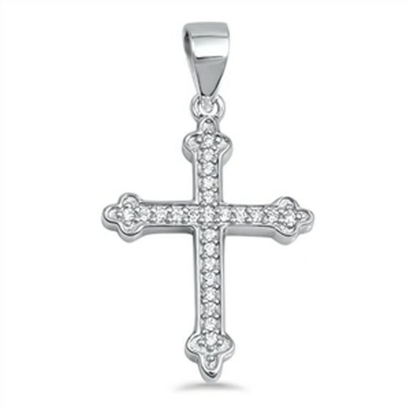Studded Bud Cross Pendant Clear Cubic Zirconia .925 Sterling Silver Ornate Charm Jewelry Female